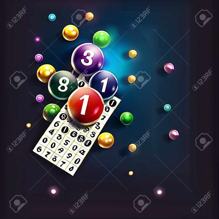 Bingo ballen en kaarten ontwerp op een gloeiende blauwe achtergrond