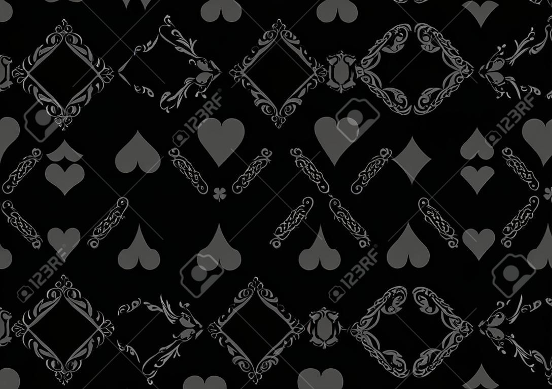 Schwarz nahtlose Casino-Poker-Hintergrund oder Damast-Muster und Symbole Karten
