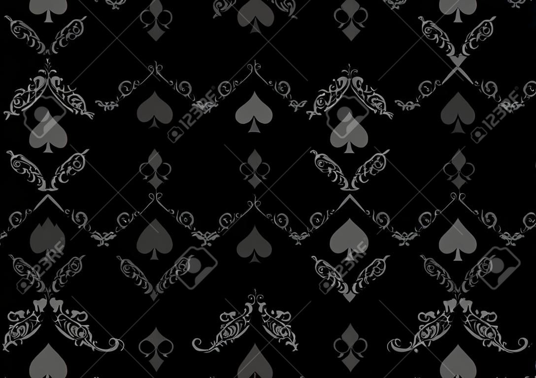 Fundo de poker de casino sem emenda preto ou padrão damasco e símbolos de cartões