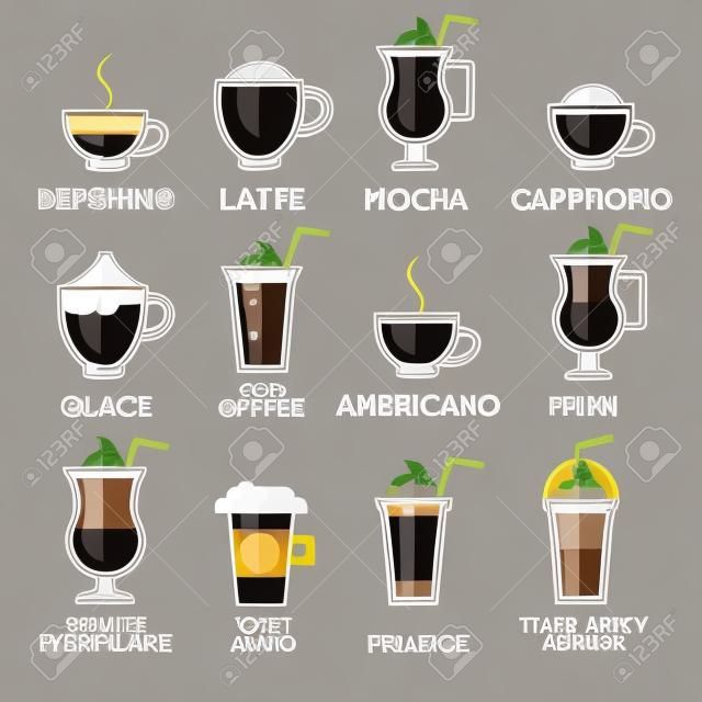Koffie soorten of soorten set. Vector illustratie