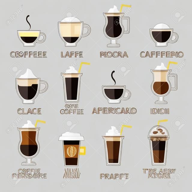 Tipi di caffè o tipi impostati. Illustrazione Vettoriale