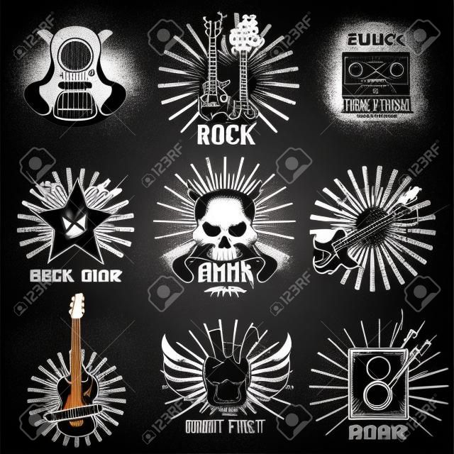 icônes festival rock band, crâne et vecteur de guitare emblèmes modèles