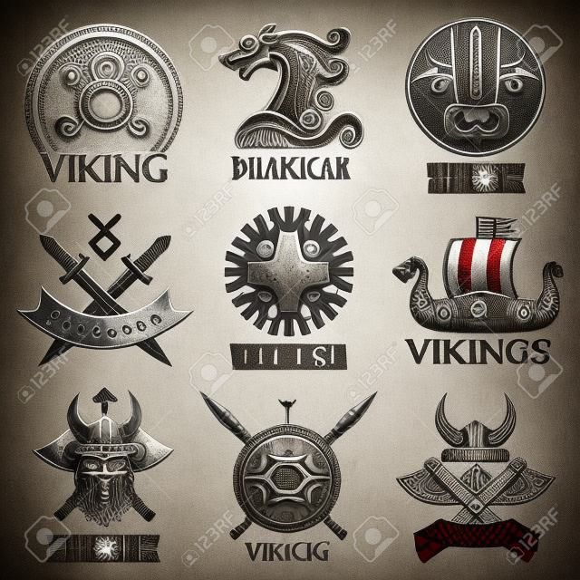 Viking skandinavischen alten Krieger Schiff, Arme Schilde und Helm Symbole Symbole gesetzt