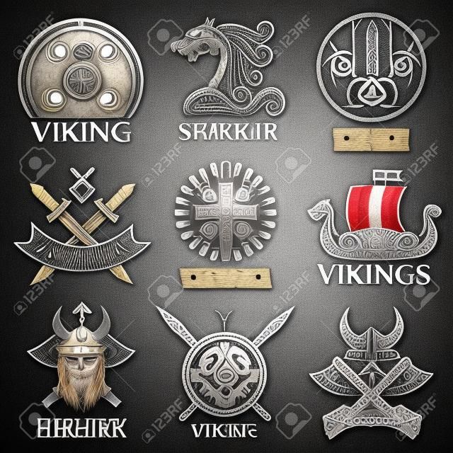 Viking scandinavische oude krijgers schip, wapens schilden en helm symbolen pictogrammen set