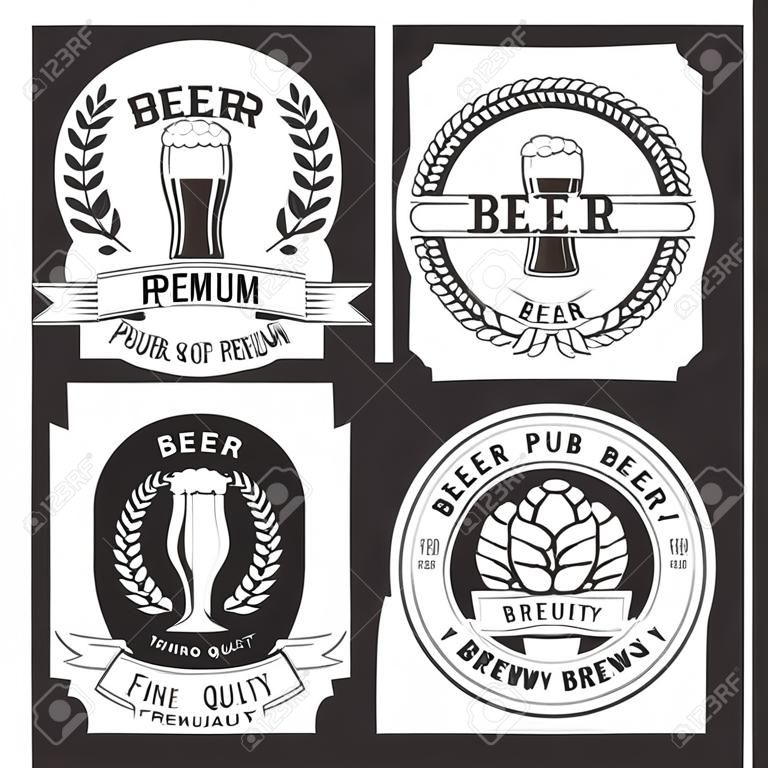 Biervektor-Logoschablonen für Brauereibar oder Bierkneipe und Bierhaus. Vektor lokalisierte Ikonen des Bierflaschenaufklebers, hölzernes Fass mit Hopfen- und Weizenähre im Lorbeerkranz, Band und erstklassigen Qualitätsstern