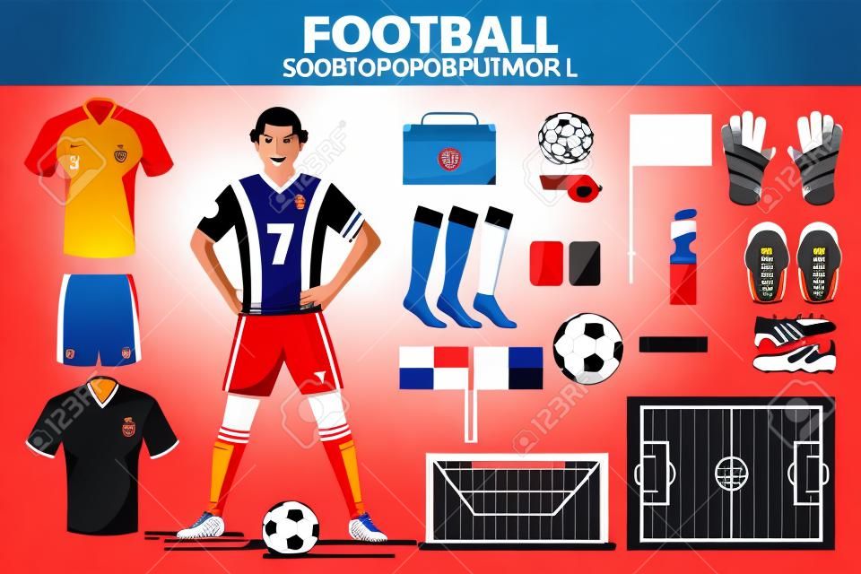 Conjunto de iconos de vector de accesorio de ropa de jugador de juego de fútbol equipo de fútbol de deporte