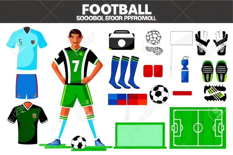 Футбольный спортивный инвентарь футбольный игрок игрок одежда аксессуары векторный набор иконок