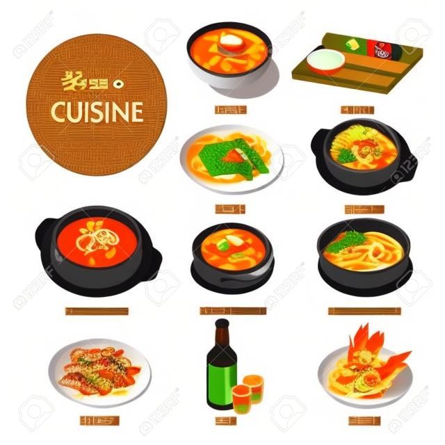 Icone piane di piatti tradizionali della cucina coreana. Set vettoriale di spaghetti ramen, zuppa di pesce kimchi tighe, gnocchi di pane mantu corano, bevanda soju e rotolo di kimpab. Menu del ristorante tradizionale coreano