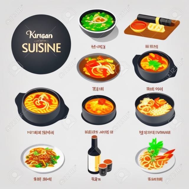 Icone piane di piatti tradizionali della cucina coreana. Set vettoriale di spaghetti ramen, zuppa di pesce kimchi tighe, gnocchi di pane mantu corano, bevanda soju e rotolo di kimpab. Menu del ristorante tradizionale coreano
