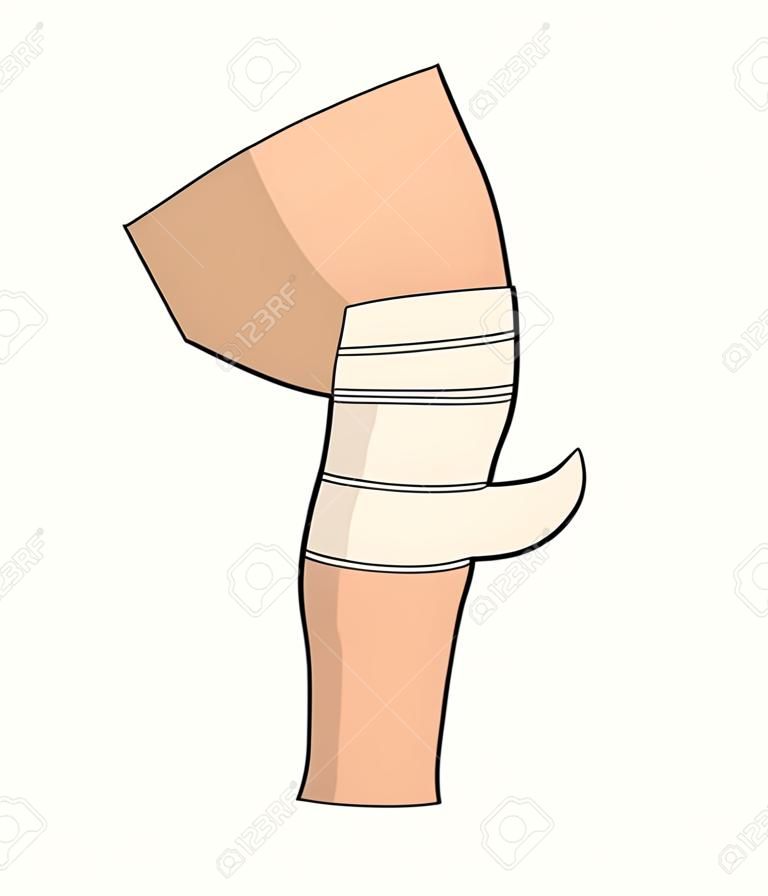 Bandażowanie kolana bandaż elastyczny uraz stawu uraz nogi pierwsza pomoc wektor na białym tle część ludzkiego ciała medycyna traumatologia leczenie i opieka zdrowotna zwichnięcie łąkotki uszkodzenie awaryjne pomoc w bólu lub bólu.