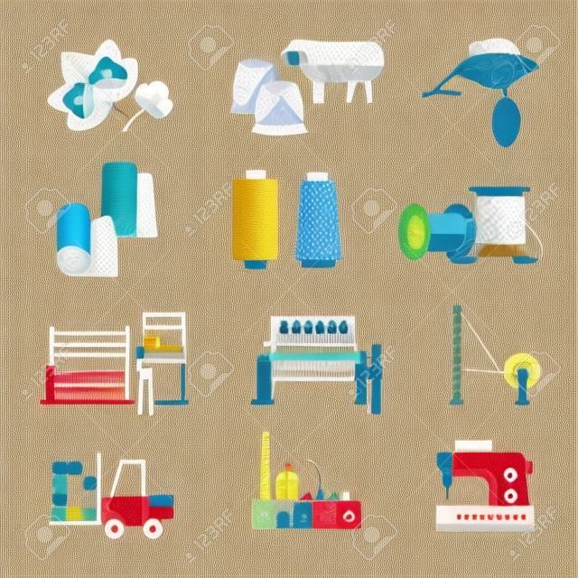 Textile factory isolated icons cotton and wool or silk