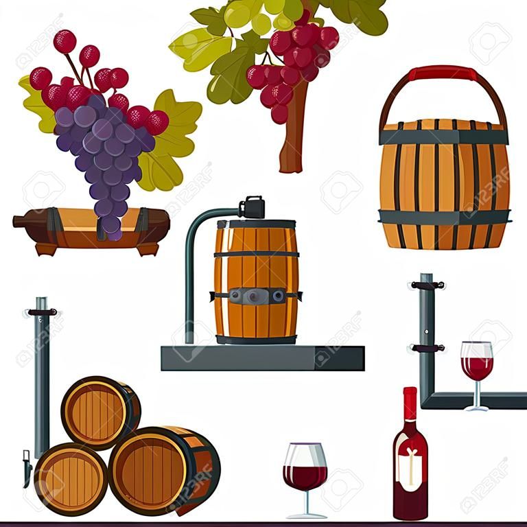 Winemaking process illustrated from grapes growing till wine bottling