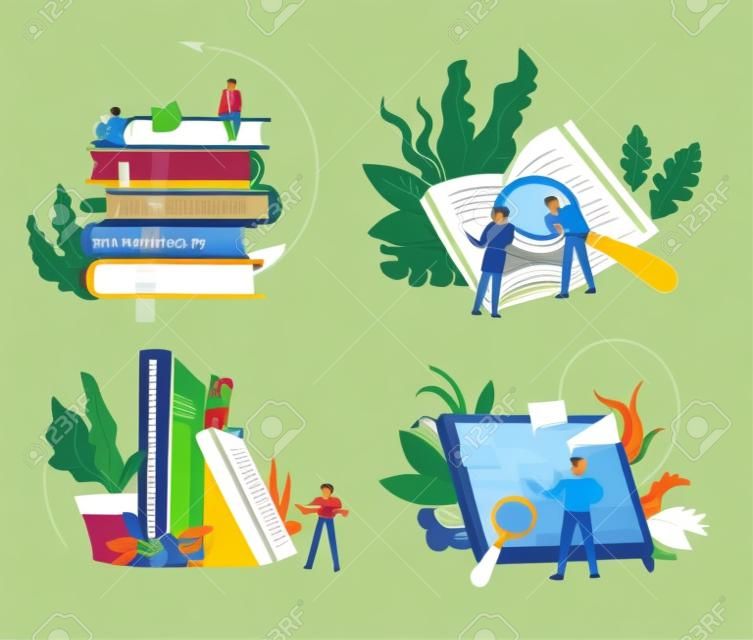 Reading online and library books Internet storage, isolated icons vector. Textbooks volumes and readers, studying and education, literature. Tablet or pad and magnifying glass, students learning