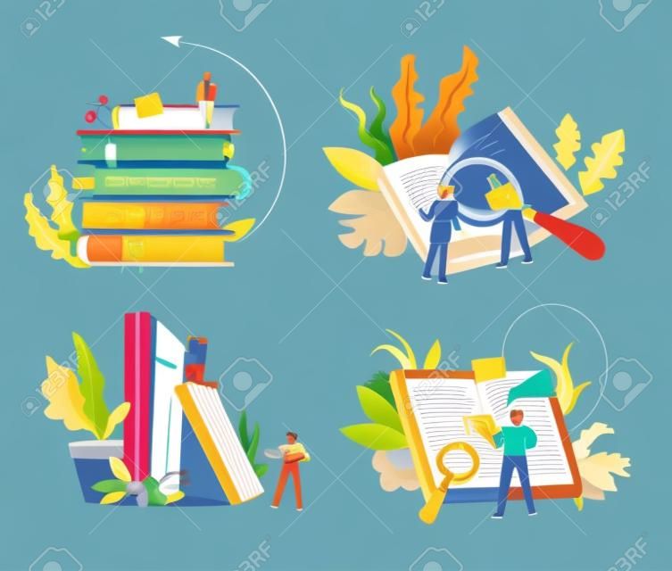 온라인 및 도서관 책 읽기 인터넷 스토리지, 고립 된 아이콘 벡터입니다. 교과서 볼륨 및 독자, 공부 및 교육, 문학. 태블릿 또는 패드 및 돋보기, 학습하는 학생