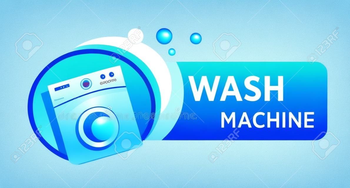 Washing machine logo with text. White appliance to wash laundry in blue frame, water bubbles. Electronic appliances marketing tag and cleaning service company. Vector illustration on white background.