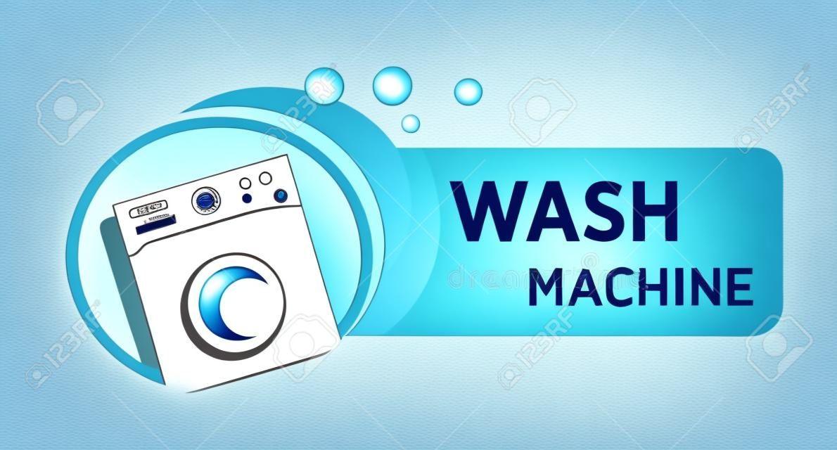 Washing machine logo with text. White appliance to wash laundry in blue frame, water bubbles. Electronic appliances marketing tag and cleaning service company. Vector illustration on white background.