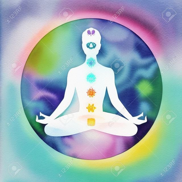 Ilustración de la acuarela de la meditación, el aura y chakras.