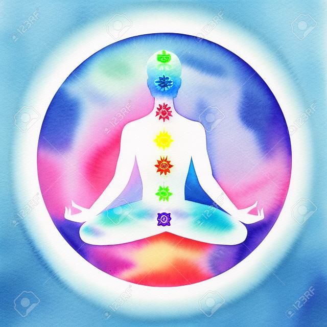 Watercolor illustration of meditation, aura and chakras.