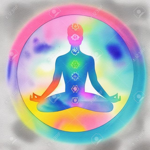 Acquarello illustrazione di meditazione, aura e chakra.
