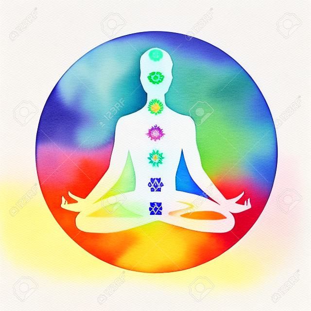 Watercolor illustration of meditation, aura and chakras.