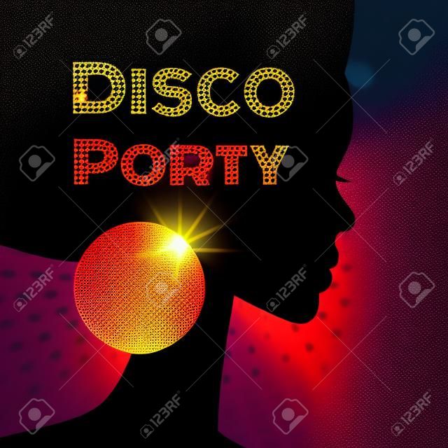 Disco Party шаблон приглашения с силуэтом девушки.