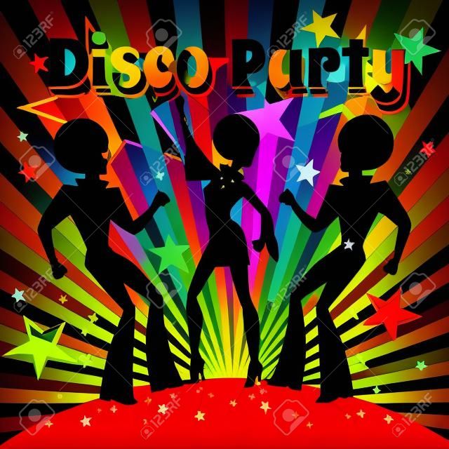 Disco Party шаблон приглашения с силуэтом танцующих людей.