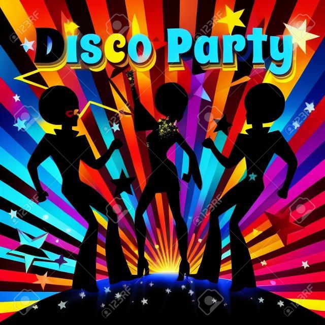 Disco party meghívó sablon sziluettje egy táncoló emberek.