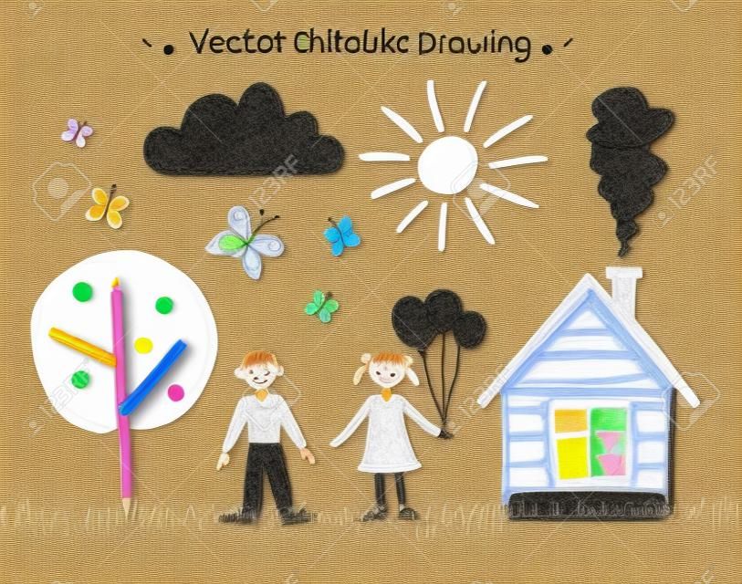Felt pen child drawings vector set.