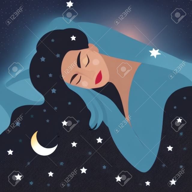 sleeping girl with long hair. woman dreaming in night sky and stars. vector illustration