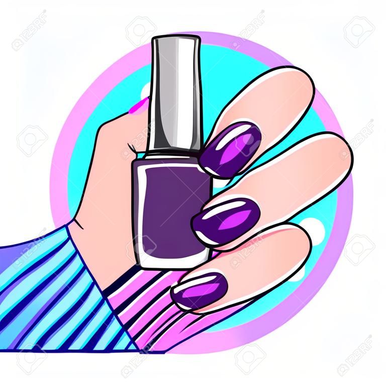Illustrazione vettoriale del concetto di unghie e manicure. smalto per unghie in mano femminile