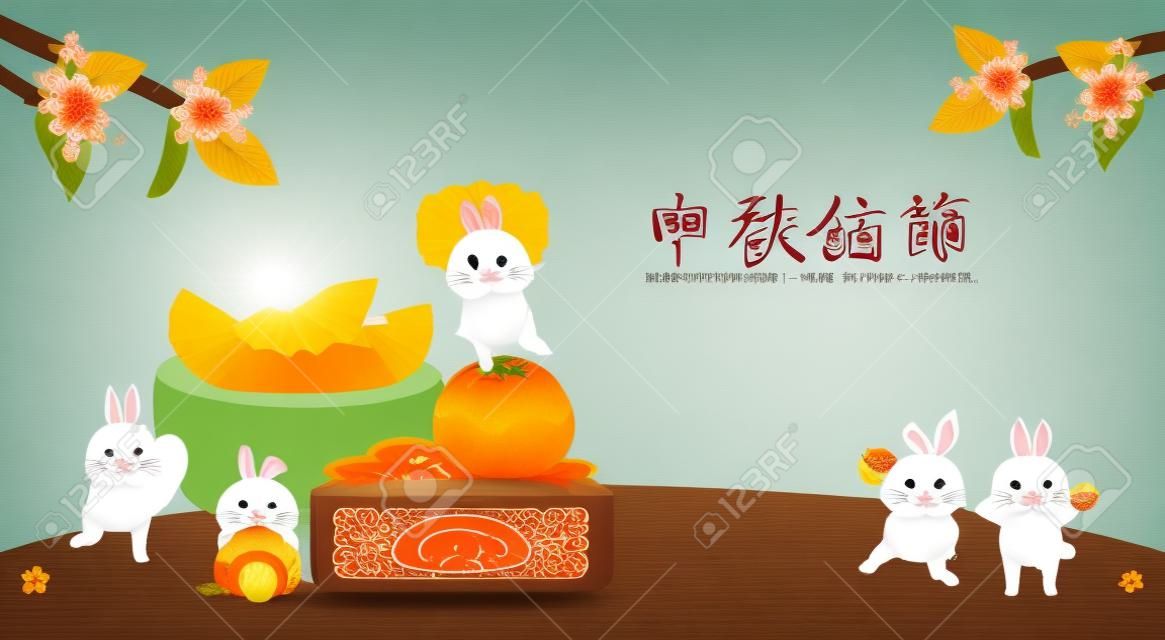 Azjatycki tradycyjny festiwal: święto połowy jesieni, poziomy plakat szczęśliwego królika i pomelo