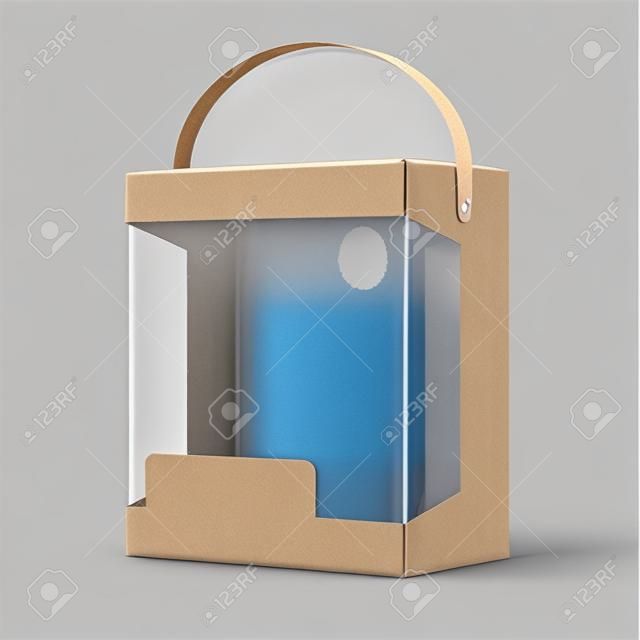 Light Package realista caja de cartón con un mango y una ventana de plástico transparente ilustración