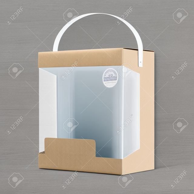 Light Package realista caja de cartón con un mango y una ventana de plástico transparente ilustración