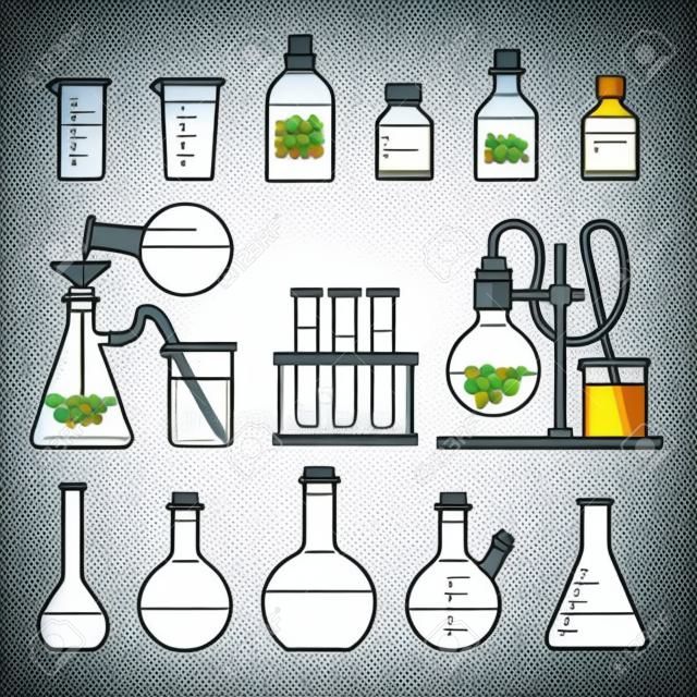 Set in Line style. chemical flask. Erlenmeyer flask, distilling flask, volumetric flask, test tube. Vector illustration.