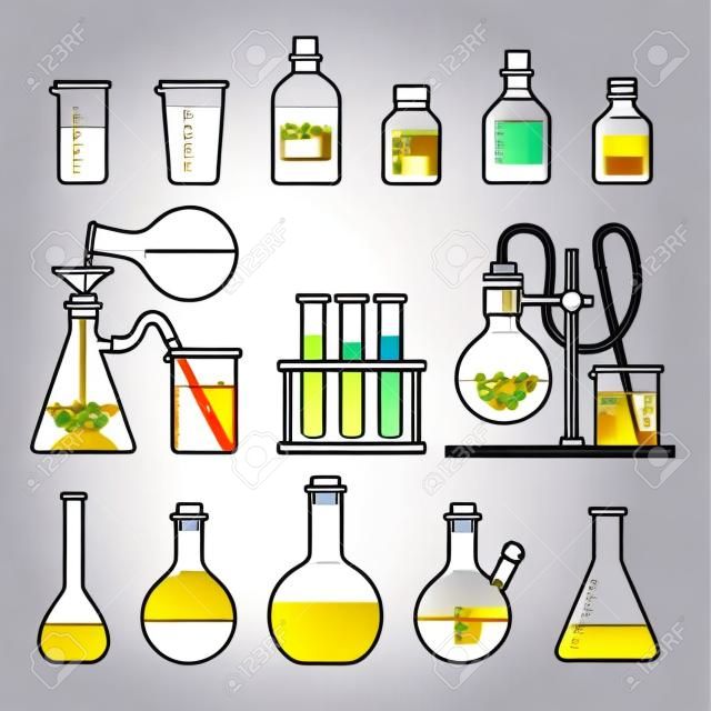 Set in Line style. chemical flask. Erlenmeyer flask, distilling flask, volumetric flask, test tube. Vector illustration.