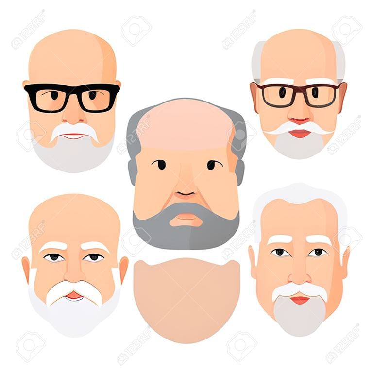 노인 남성 인간의 얼굴 머리 머리 헤어 스타일 콧수염 대머리 사람들 패션. 소셜 미디어를위한 평평한 아바타를 디자인하십시오. 벡터 일러스트 레이 션