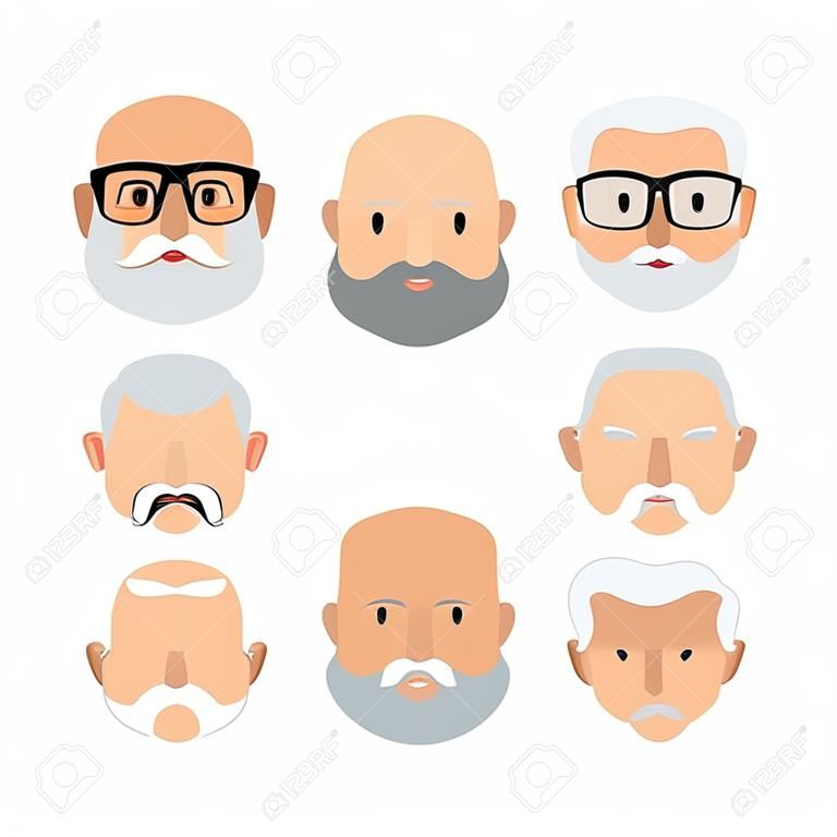 노인 남성 인간의 얼굴 머리 머리 헤어 스타일 콧수염 대머리 사람들 패션. 소셜 미디어를위한 평평한 아바타를 디자인하십시오. 벡터 일러스트 레이 션