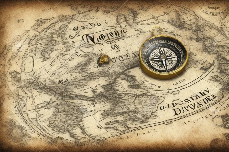 Vecchia bussola scoperta su carta vintage antica mappa del mondo, navigazione in stile retrò cartografia viaggio geografia, pirata navigare la geografia