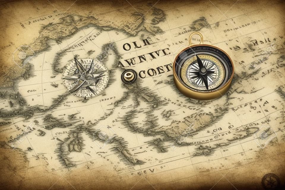 ヴィンテージ紙アンティーク世界地図の背景、レトロなスタイルの地図作成旅行地理ナビゲーション、海賊が地理をナビゲートする上の古いコンパスの発見