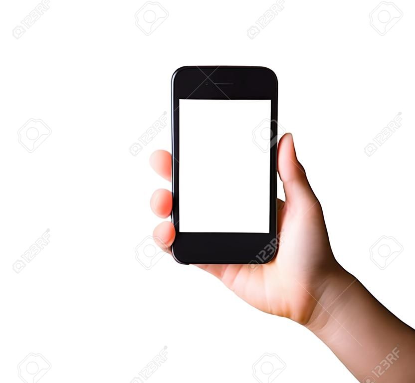 Woman hand holding a smartphone blank white screen. Female holds the modern mobile phone on hands studio shot isolated on over white background with clipping mask path on the phone and screen