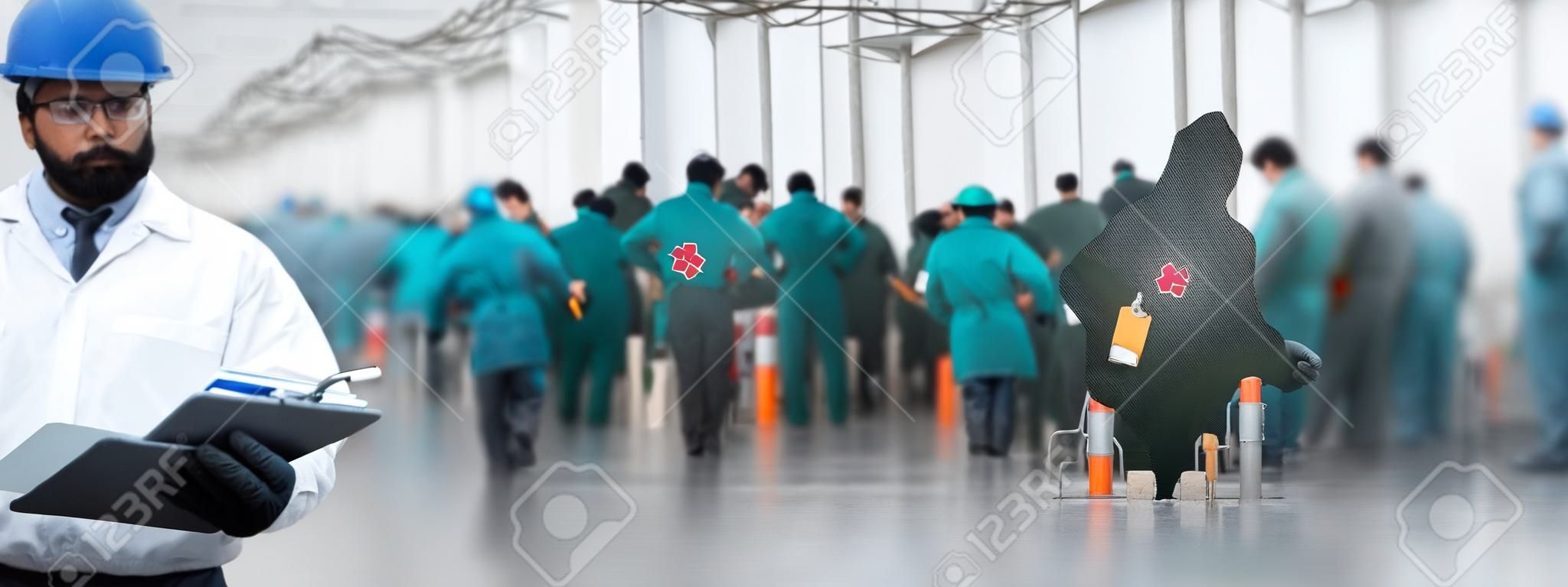 Staff worker with clipboard checking goods and Safety Officer for dangerous in Cold room storage and freezing warehouse. Teamwork concept. Banners with copy space.