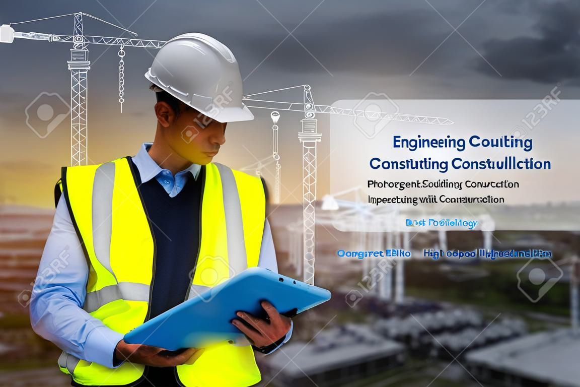 Engineering Consulting People sur le chantier de construction tenant une tablette dans sa main. Gestion du flux de travail d'entreprise et inspecteur en bâtiment avec la technologie BIM dans le projet de construction.