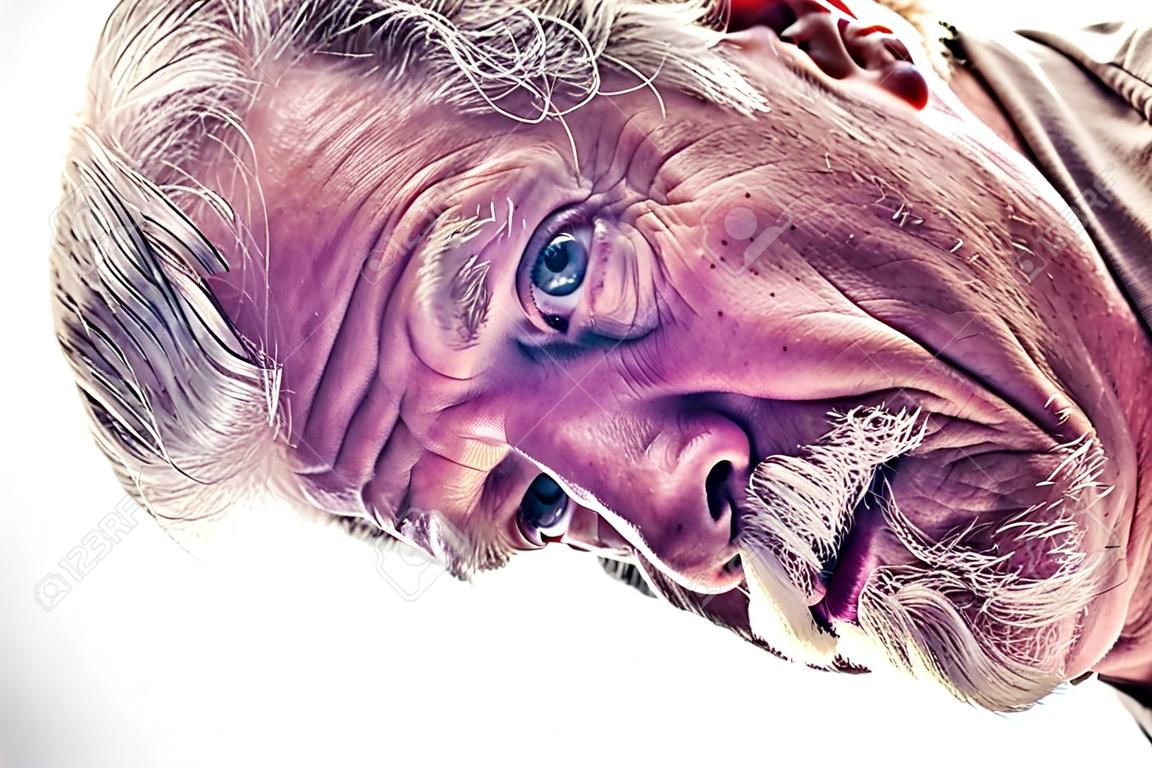 Humorous Highly detailed portrait of older white man with gray hair and goatee, back lit, not isolated, bent over in front of viewer.