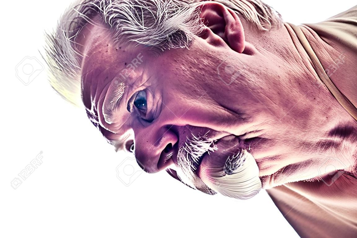 Humorous Highly detailed portrait of older white man with gray hair and goatee, back lit, not isolated, bent over in front of viewer.