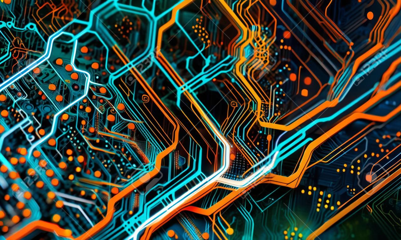 Circuit board and flares. Depth of field effect and bokeh. 3d illustration