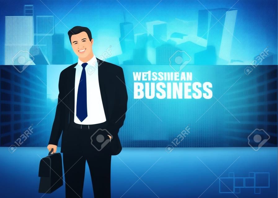 businessman on city background 