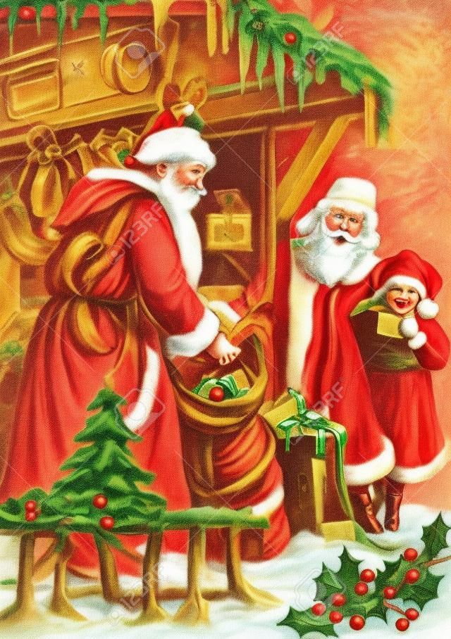 Vintage tarjeta de Navidad de Santa Claus entregando regalos a dos niñas