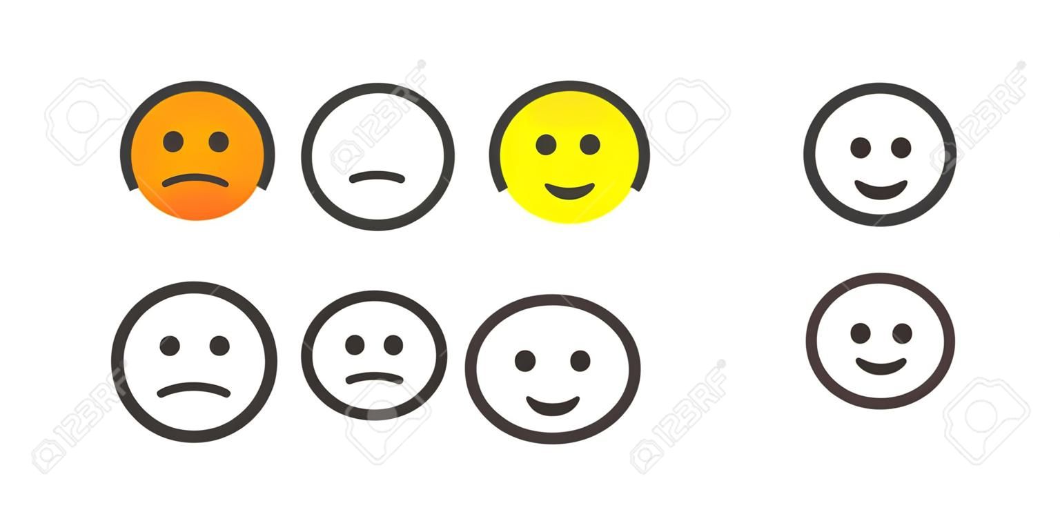 Emoji pictogrammen, emoticons voor de mate van tevredenheid niveau. Vijf graden smileys voor het gebruik in enquêtes. Gekleurde en omlijnde pictogrammen. Geïsoleerde illustratie op witte achtergrond