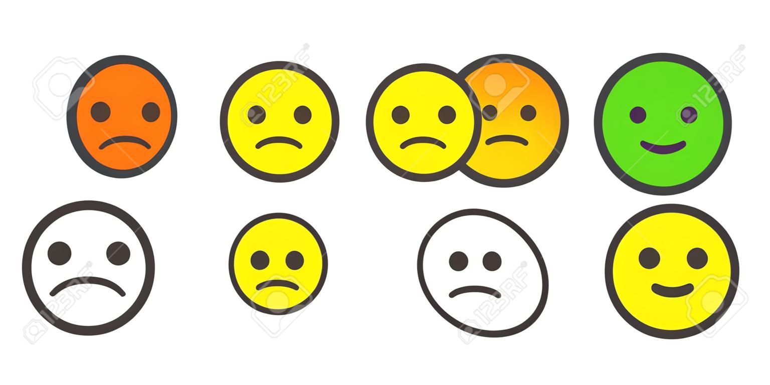 Emoji иконки, эмотиконы для расчета уровня удовлетворенности. Пять классов смайлов для использования в опросах. Цветные и контурные иконки. Изолированные иллюстрации на белом фоне