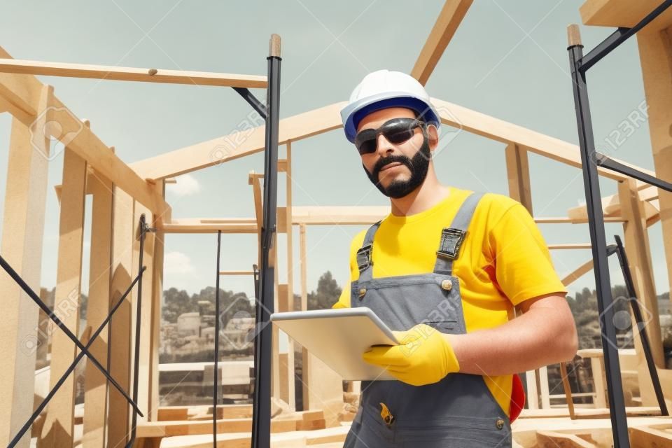 Der Mann ist ein Baumeister auf dem Hintergrund des Daches eines Fachwerkhauses, in einem gelben Helm und einem grauen Overall. Verwendet ein Tablet. Der blaue Himmel und der klare sonnige Tag.